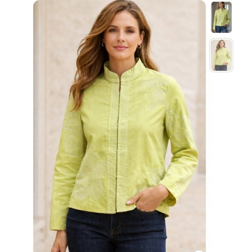 Tabi Lime Green Embroidered Jacket Stand up Collar Hook & Eye Closure